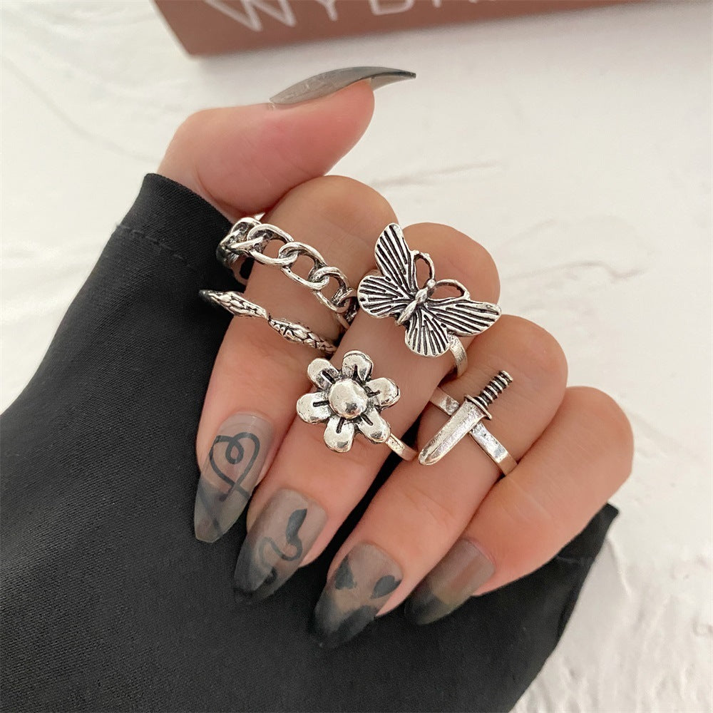 Sword Flower Butterfly Snake Ring Set Midi Knuckle Rings Punk Jewelry For Women Fashion Stylish Midi Ring Sets