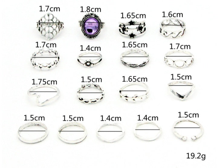 Womens Gold Plated Ring Set 17 Piece With Artificial Gems Star Ring Leaf Ring Wave Ring Geometric Knuckle Ring Band