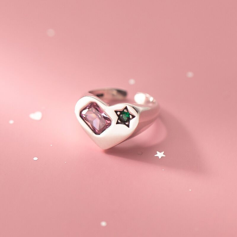 Adjustable Copper Ring For Women With Love Star Zircon Accent Electroplated Retro Silver Tone Gift For Birthday