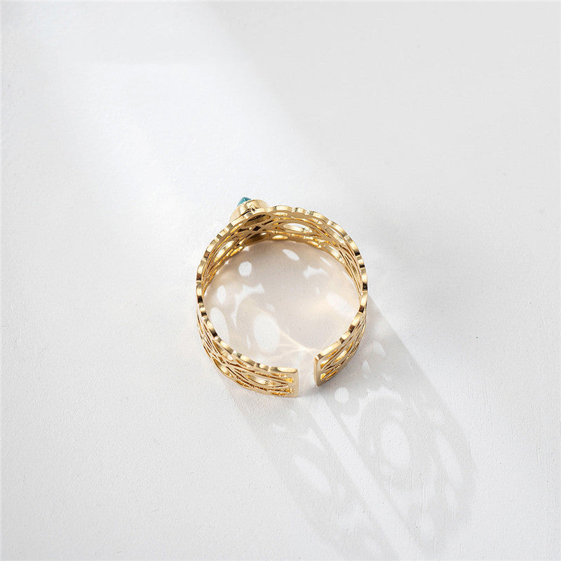 Unisex Stainless Steel Turquoise Inlaid Ring Geometric Retro Style European American Fashion Jewelry Statement Piece