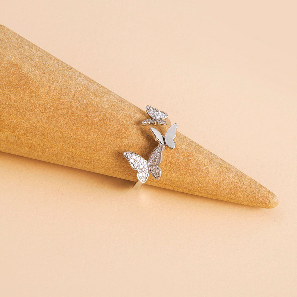 Sparkly Zircon Butterfly Ring Open Adjustable Copper Electroplated European Style Fashion Accessory Gift for Her