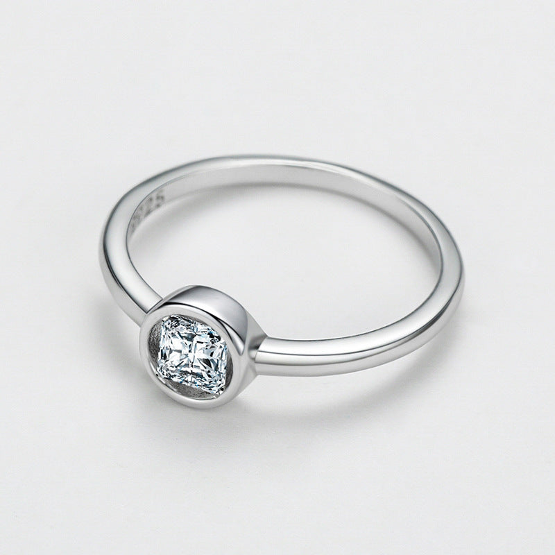 Womens Sterling Silver Geometric Ring With Round Zircon Artificial Diamond S925 Jewelry Korea Japan Style Ring