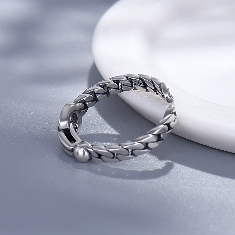 Sterling Silver Geometric Ring Adjustable Open Design Unisex Ring Electroplated Finish Vertebrae Twine Detailing Unique