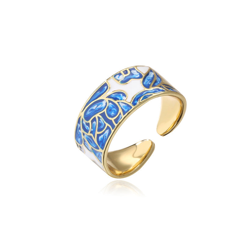 Adjustable Blue White Porcelain Ring With Zircon Inlay Copper Finish For Women Elegant Fashion Jewelry Daily Wear Gift