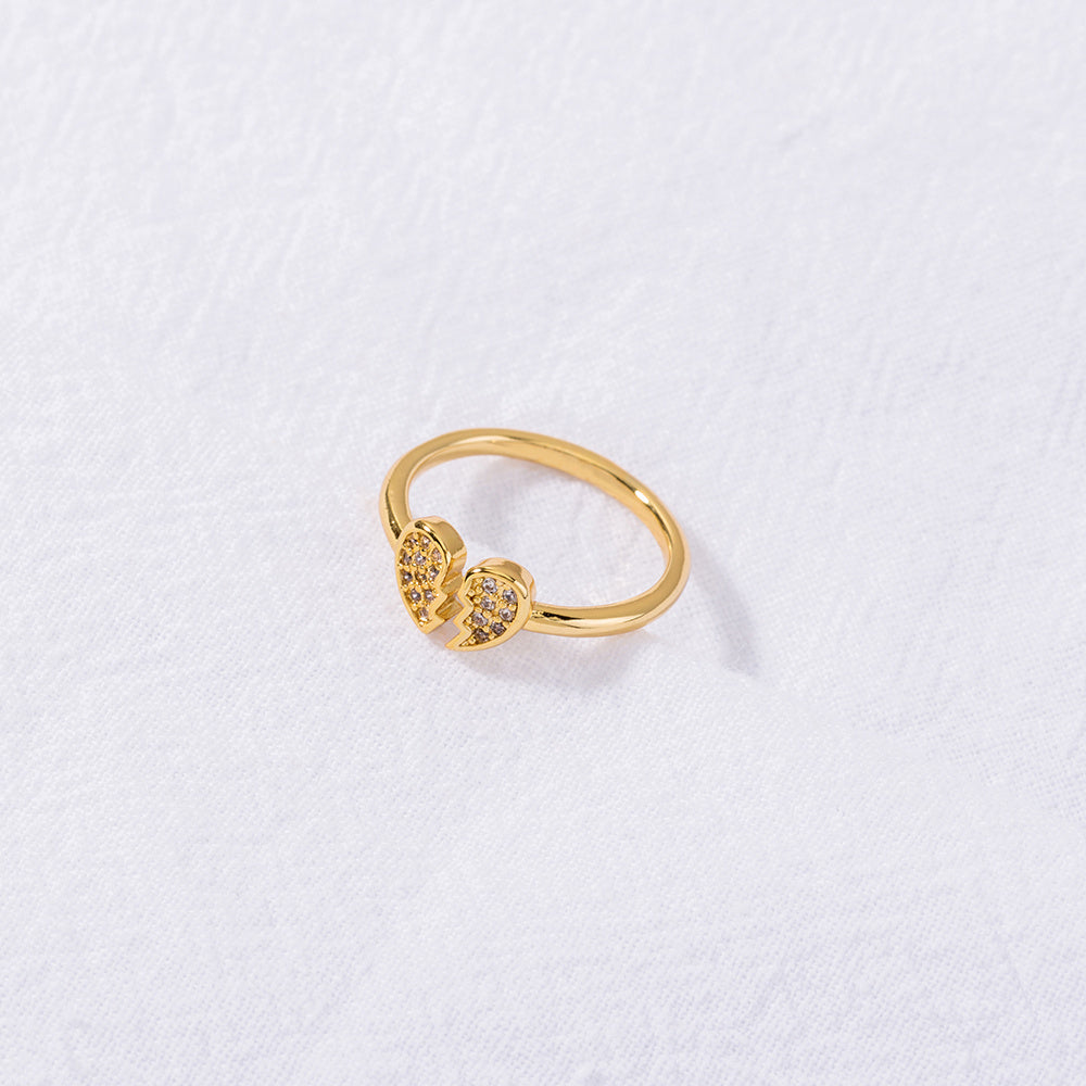 Adjustable Brass Gold Plated Couple Ring With Heart Zircon