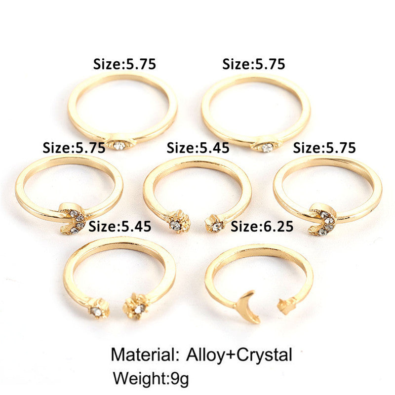 Womens Star Ring Set 7 Piece Golden Alloy Open Rings Adjustable Retro European American Simple Elegant Sparkle