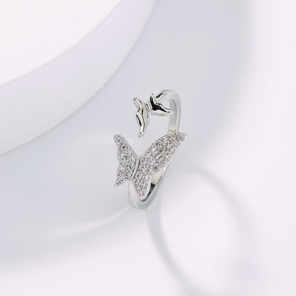 Adjustable Butterfly Ring for Women Open Ended Brass Ring with Electroplated Copper and Sparkling Zircon Shine