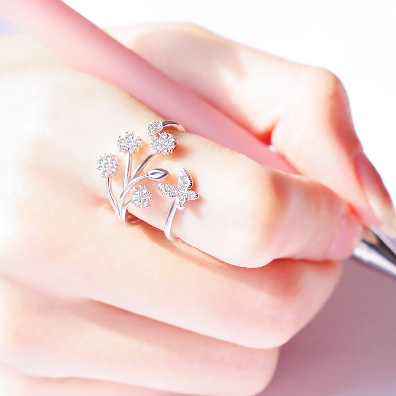 Flower Butterfly Adjustable Ring Gold Plated Copper Gemstone Inlaid Jewelry For Women Gift Elegant Daily Wear Gift
