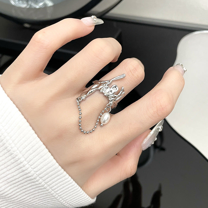Womens Moonstone Open Ring Copper Adjustable Irregular Geometric Jewelry Trendy Statement Accessory Modern New