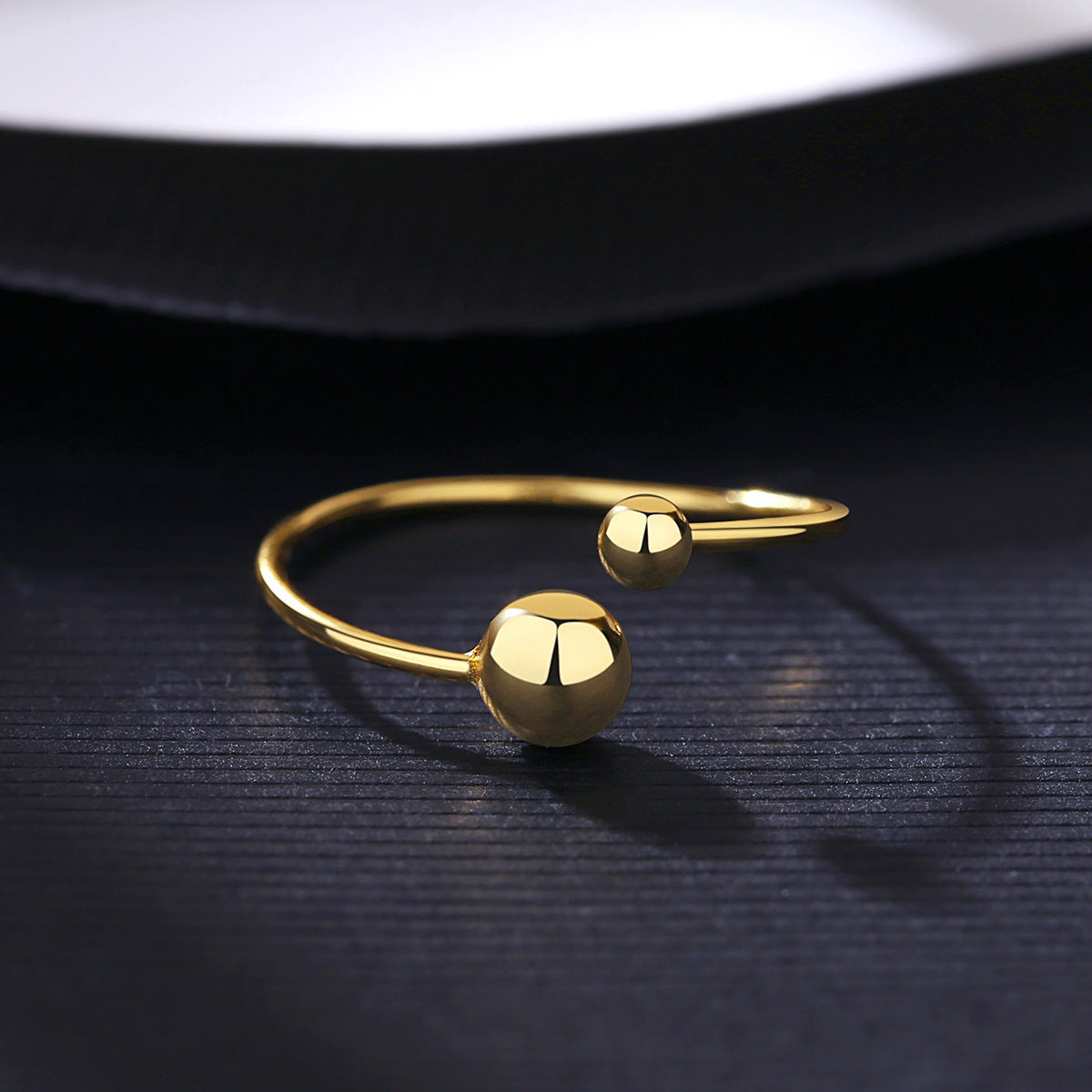 Womens S925 Silver Ring Asymmetric Round Bead Glossy Retro Geometric Metal Adjustable Opening Ring 14K Gold Plated