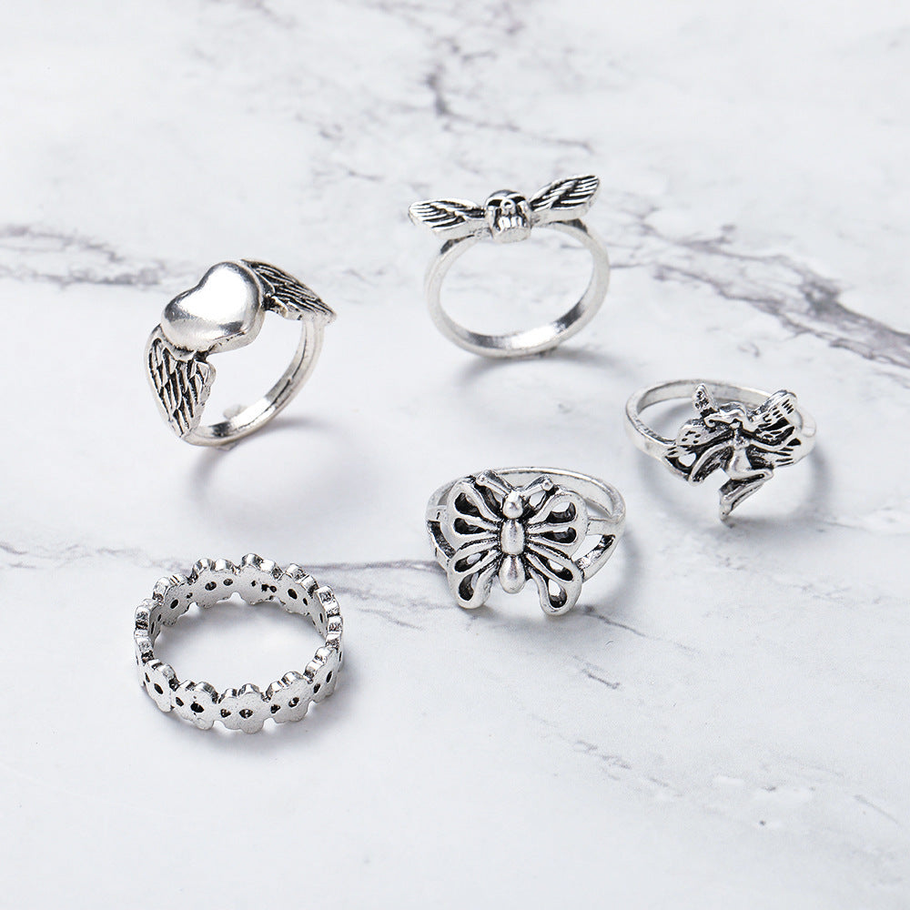 Butterfly Ring Set Vintage Silver Alloy Rings With Peach Heart Hollow Design Love Themed Fashion Jewelry Collection