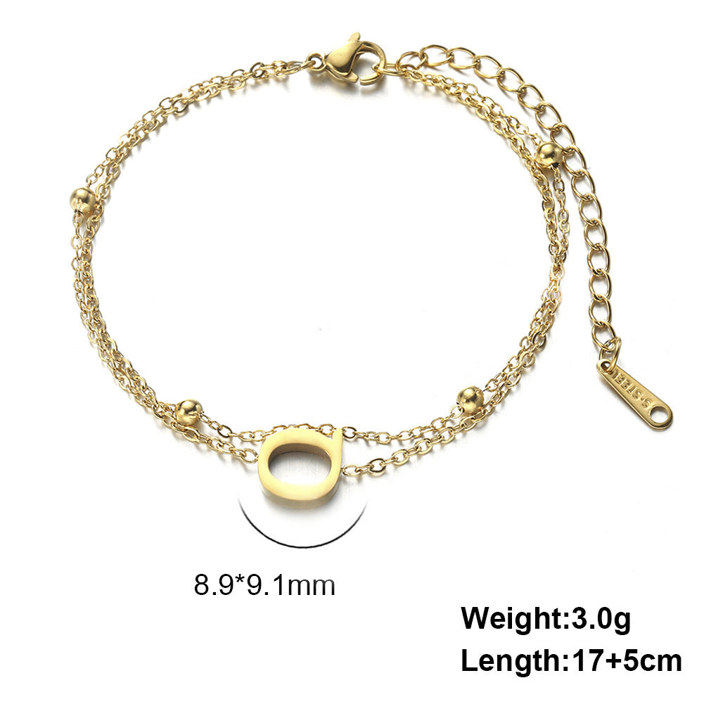 Womens Stainless Steel Double Layer Chain Bracelet With Initial Pendant Electroplated Finish Jewelry Gift Gold
