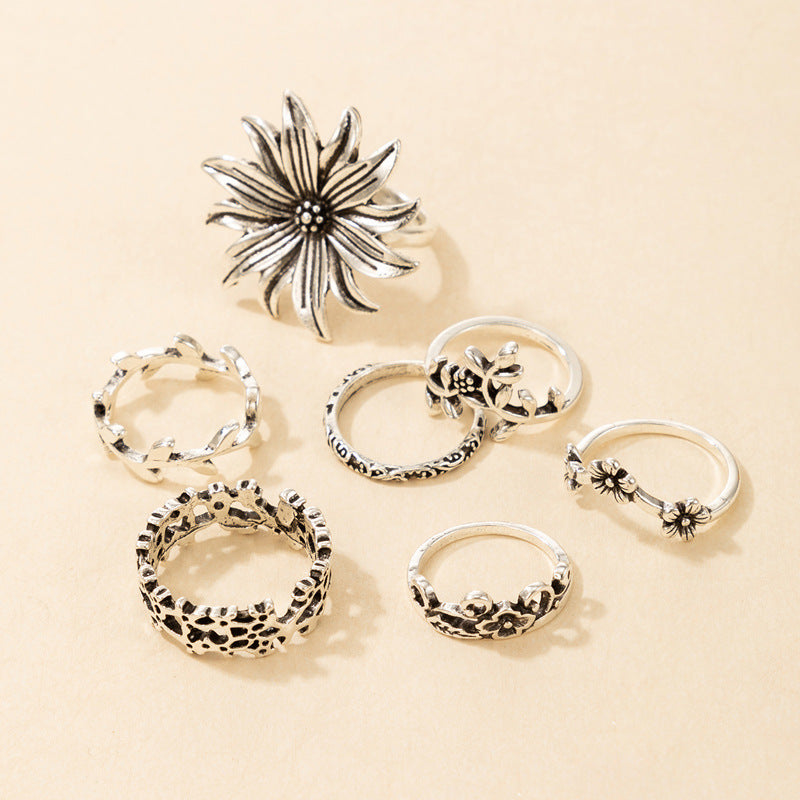 Bohemian Rings Set Geometric Flower Accents Silver Tone