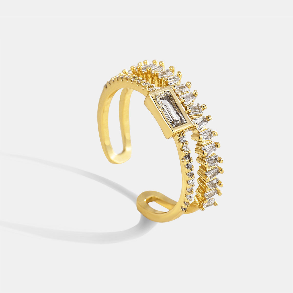 Women Geometric Double Layer Ring Zircon Copper Gold
