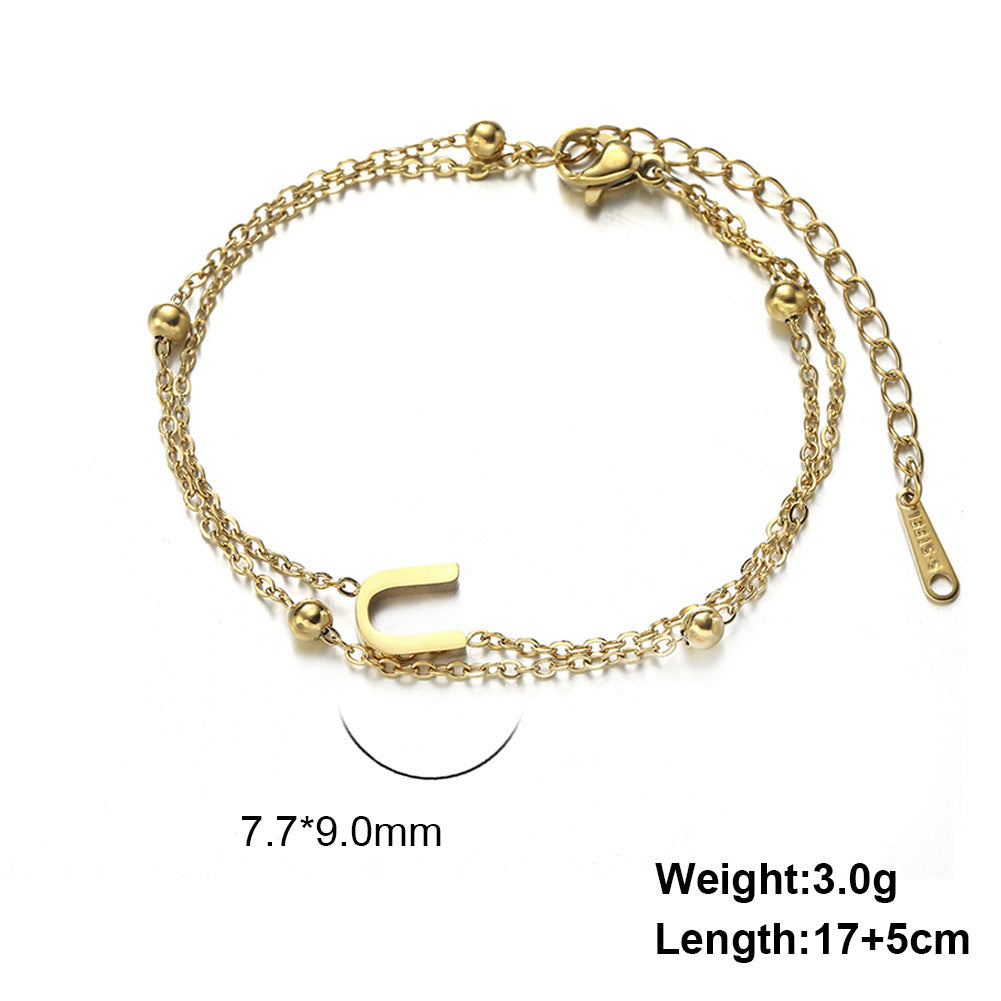 Womens Stainless Steel Double Layer Chain Bracelet With Initial Pendant Electroplated Finish Jewelry Gift Gold