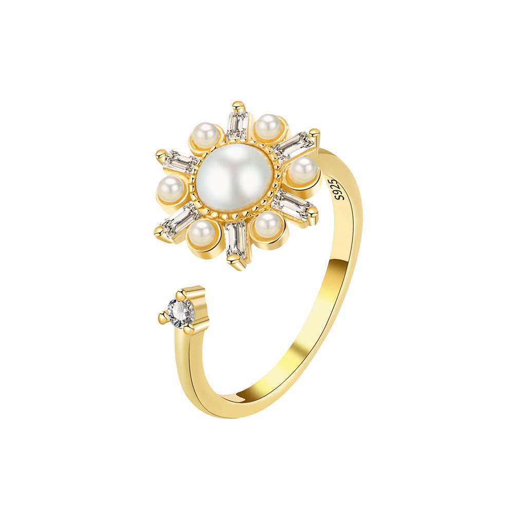 Adjustable Pearl Ring With Flower Design Gold Plated Copper Geometric Rotatable Band Jewelry European American