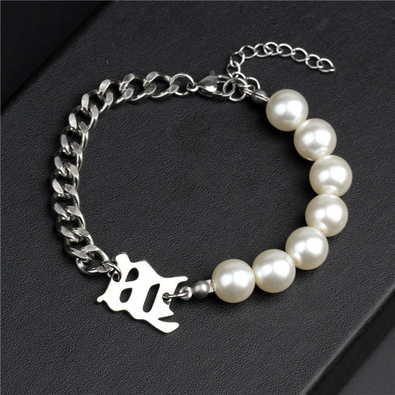Womens Titanium Steel Pearl Letter Bracelet Geometric Design Jewelry Durable 18cm Fashionable Bracelet and Stylish