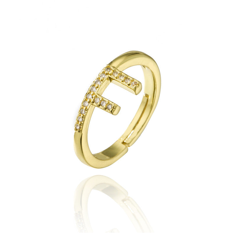Adjustable Letter Ring Zircon Inlay Copper Jewelry