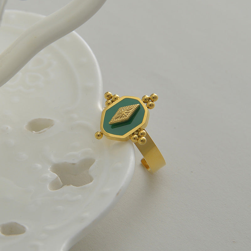 Womens Titanium Steel Ring Vintage Geometric Ring Electroplated Green Ring Fashion Jewelry All-match Ring Retro Ring Simple Ring