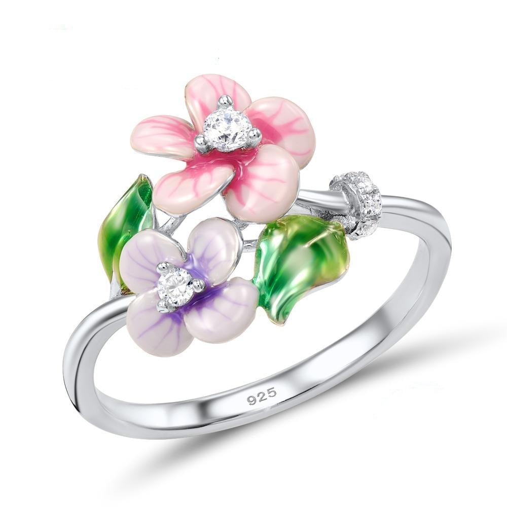 Elegant Flower Enamel Epoxy Ring Silver Tone Fashion Jewelry For Women Everyday Wear Gift Idea Deluxe Kit Chic