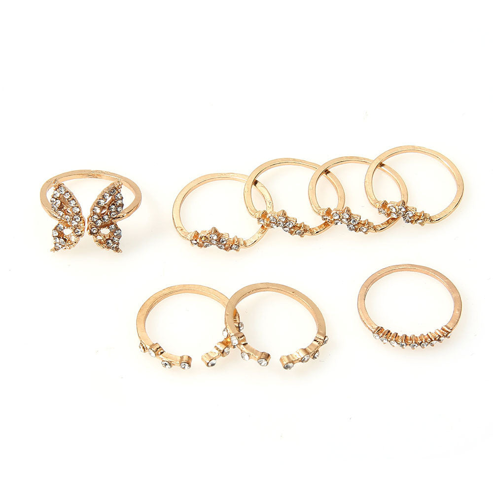 Butterfly Ring Set For Women 8 Piece Alloy Inlaid Gem Rings European American Fashion Gold Trendy Jewelry Gift