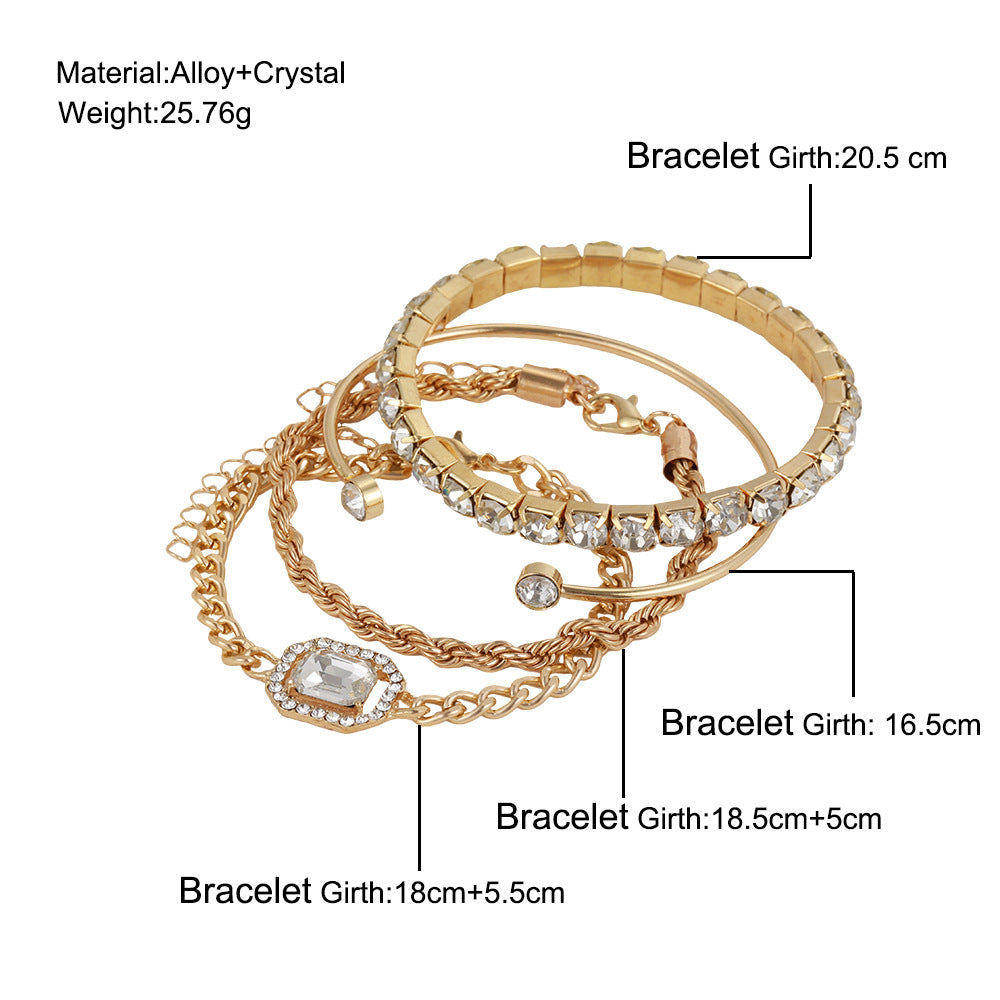Bohemian Bracelets Set 4Pcs Rhinestones Twisted Cuff Chain Armbands Adjustable Luxury Jewellery Gift for Women