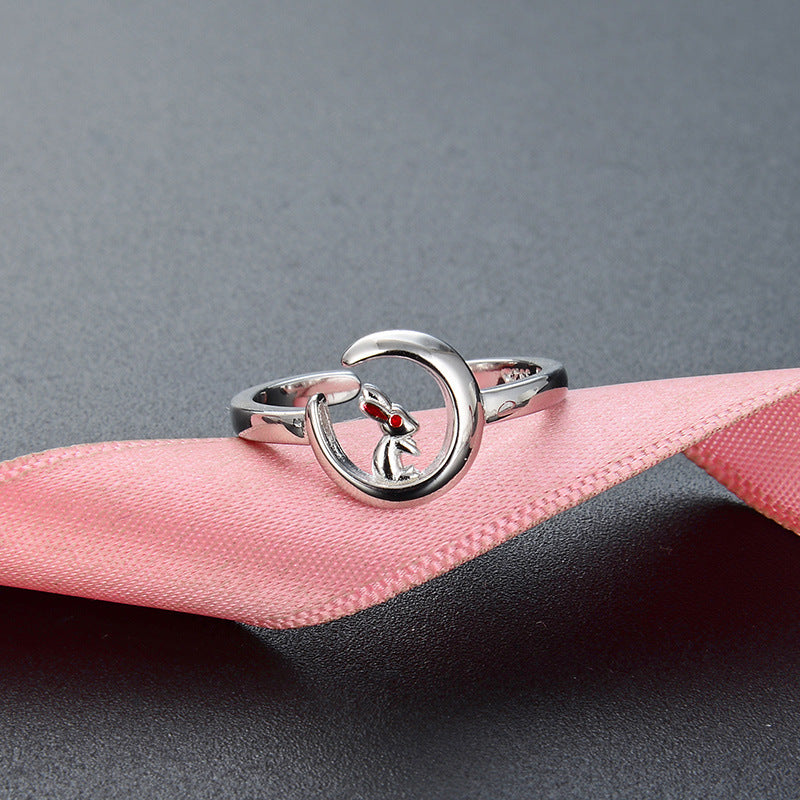 Sterling Silver Moon Rabbit Ring Adjustable Geometric Design With Electroplated Finish For Women And Girls Now