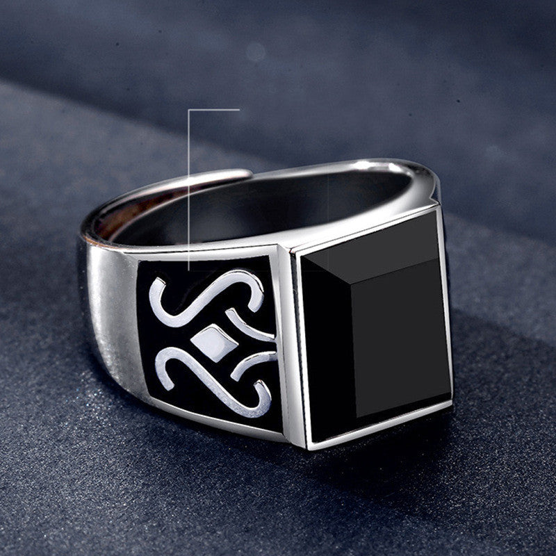 Mens Obsidian Domineering Geometric Carved Copper Ring Inlaid Gemstone Statement Fashion Jewelry Accessory For Him