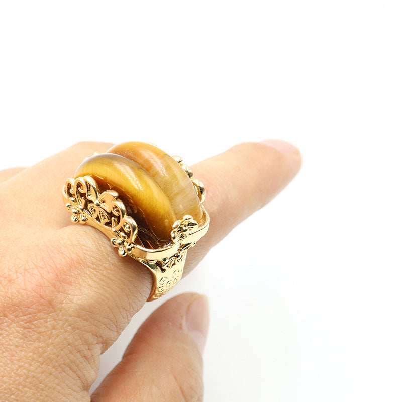 Natural Raw Gemstone Ring Copper Carving U Shaped Setting Pink Crystal Amethyst Green Aventurine Tiger Eye Stone