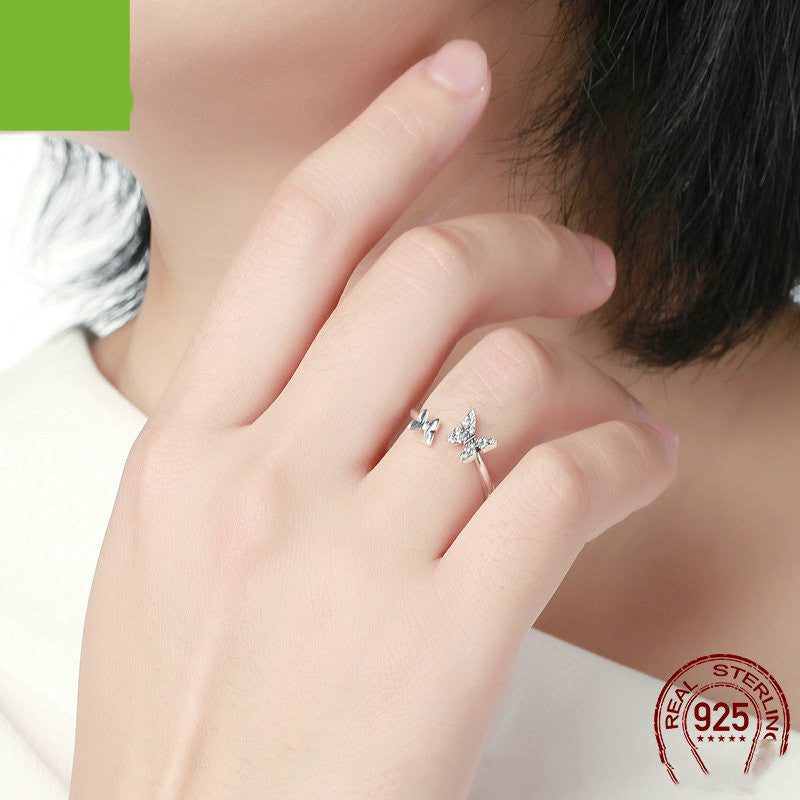 Sterling Silver Double Butterfly Ring With Gem Inlay Adjustable Opening Unisex Jewelry Gift With Diamond Stone