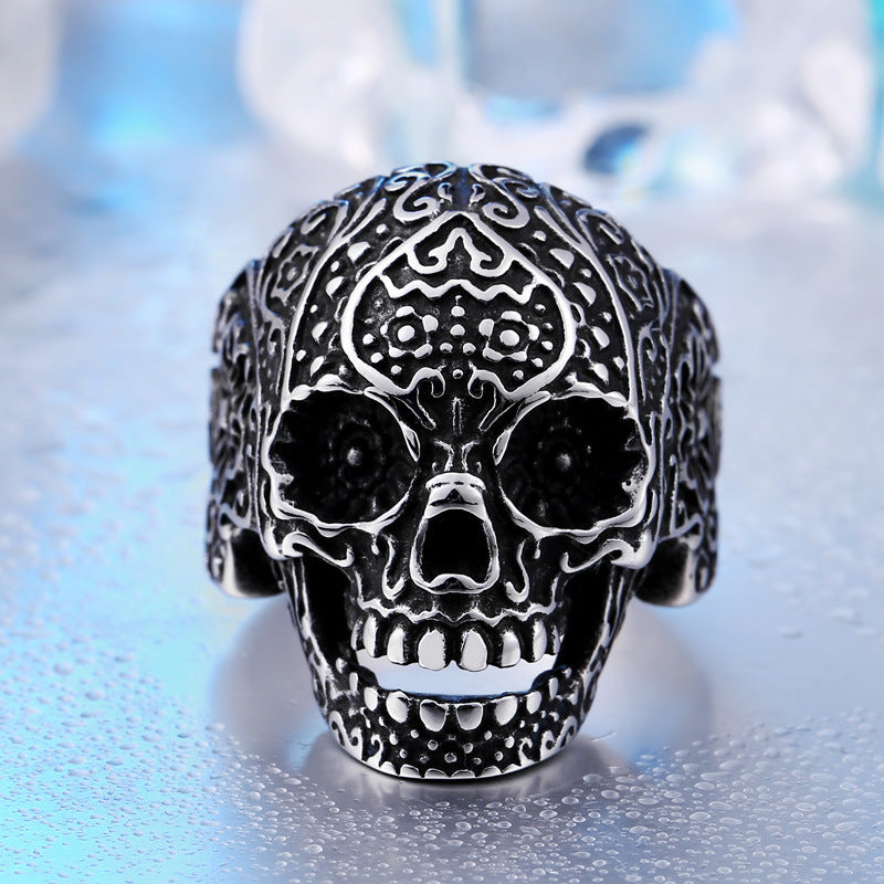 Mens Titanium Skull Ring Black Polished Retro Punk Style Statement Jewelry Durable Bold Ring For Men With Fashion Edge