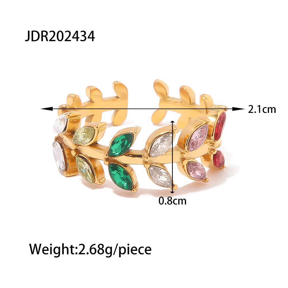 Zircon Leaf Open Ring Adjustable Stainless Steel Jewelry