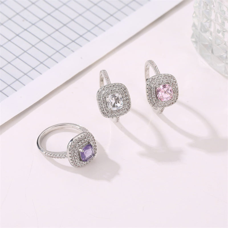 Zircon Micro Inlaid Geometric Ring Copper Plated Fashion Jewelry For Women Elegant Office Lady Style Modern Trendy Gift