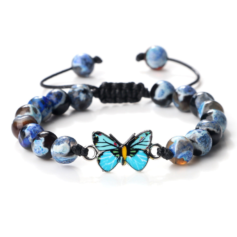 Woven Butterfly Bracelet Adjustable Handmade Tiger Eye Volcanic Rock Agate White Porcelain Bead Jewelry Gift For Women