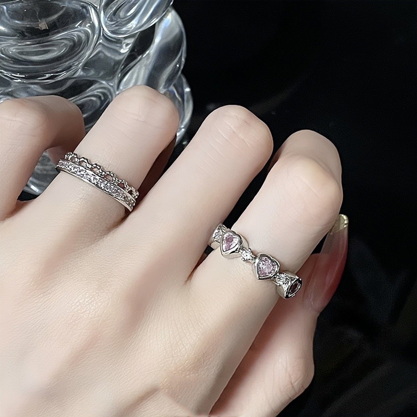 Womens Geometric Heart Ring Copper With Pink Zircon Stone Love Ring Crown Shapes With Electroplated Pink Shine