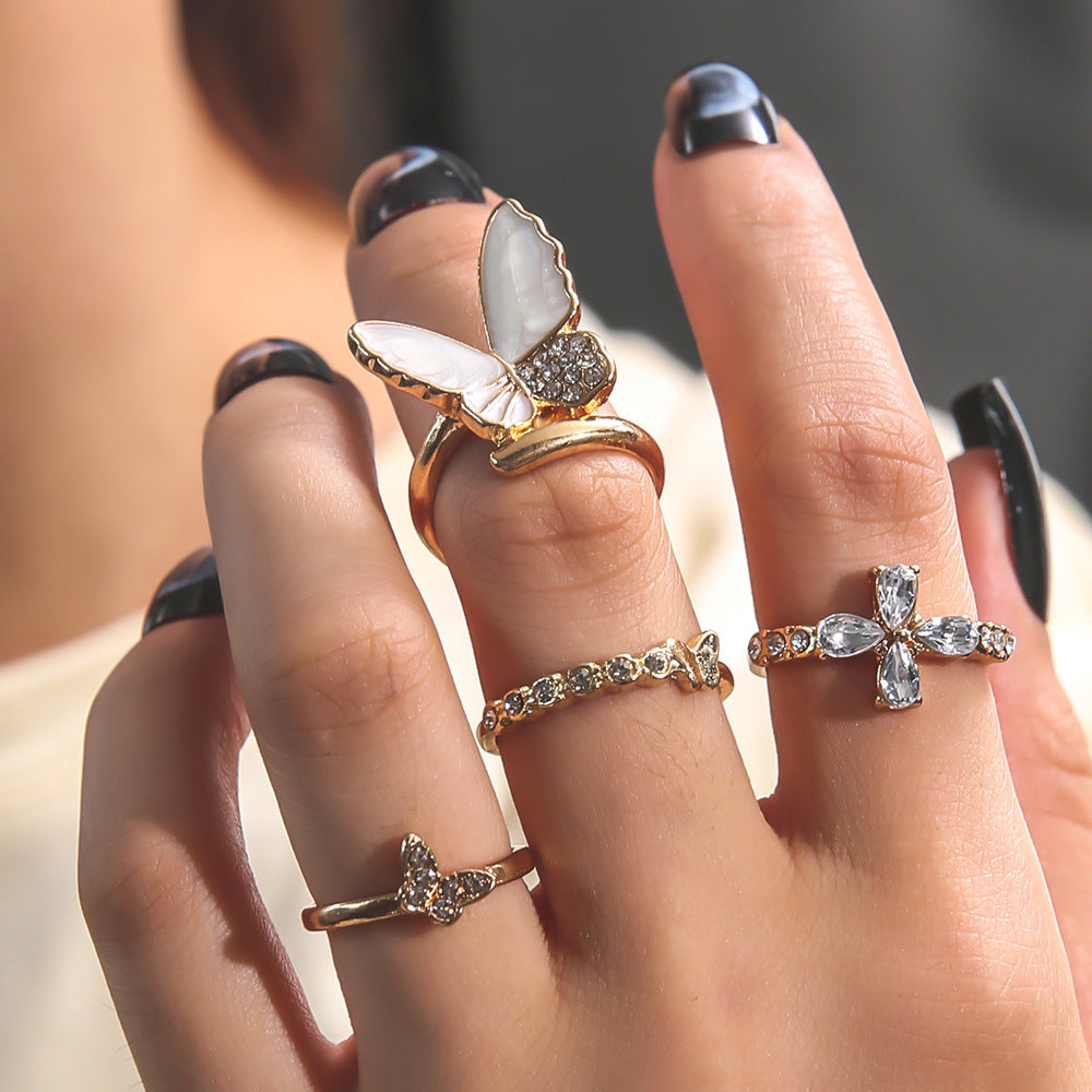 Gold Plated Butterfly Ring Set With Rhinestones And Geometric Accents For Women And Girls For Daily Wear Style
