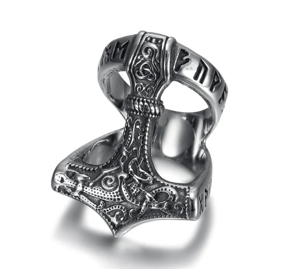 Handcrafted Stainless Steel Open Thor's Hammer Ring Beowulf Regalia Design Norse Viking Jewelry Statement Ring for Men and Women