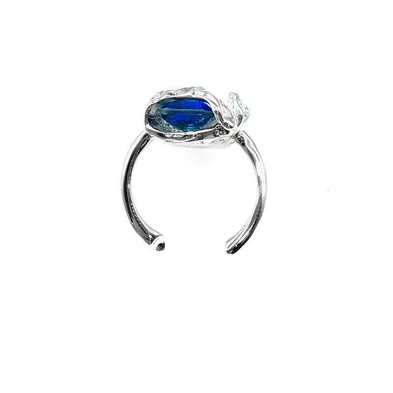 Azure Crystal Geometric Ring Adjustable Gold Plated Alloy Artificial Gemstone Jewelry Fashion Statement Sparkle