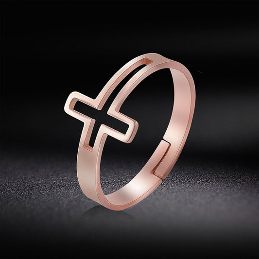Womens Vintage Adjustable Titanium Steel Rose Gold Ring Polished Round Cross Ring Non Inlaid Fashion Accessory