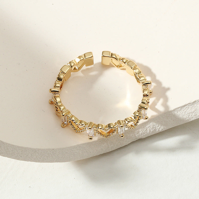 Copper Ring With Zircon Retro Geometric Patterns Design Adjustable Opening Hollow Love Couple Ring Anniversary