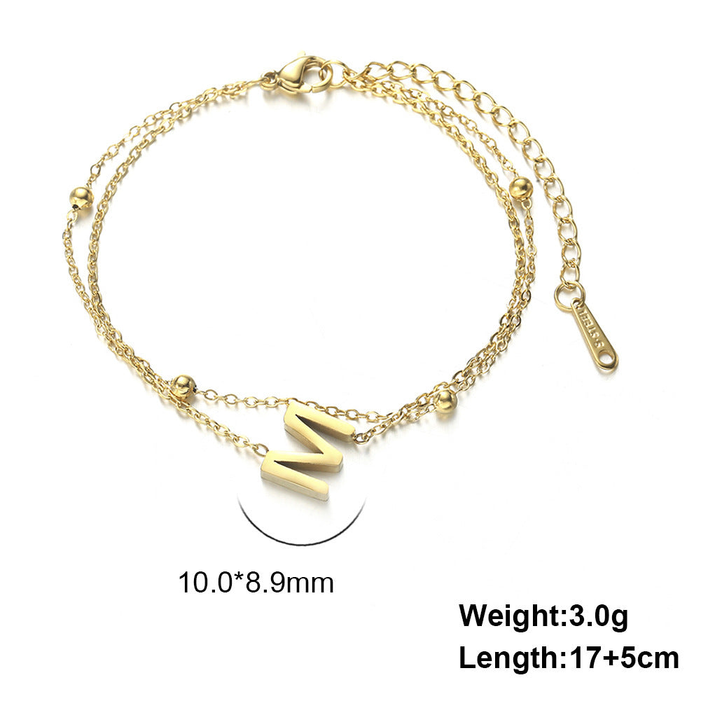 Womens Stainless Steel Double Layer Chain Bracelet With Initial Pendant Electroplated Finish Jewelry Gift Gold