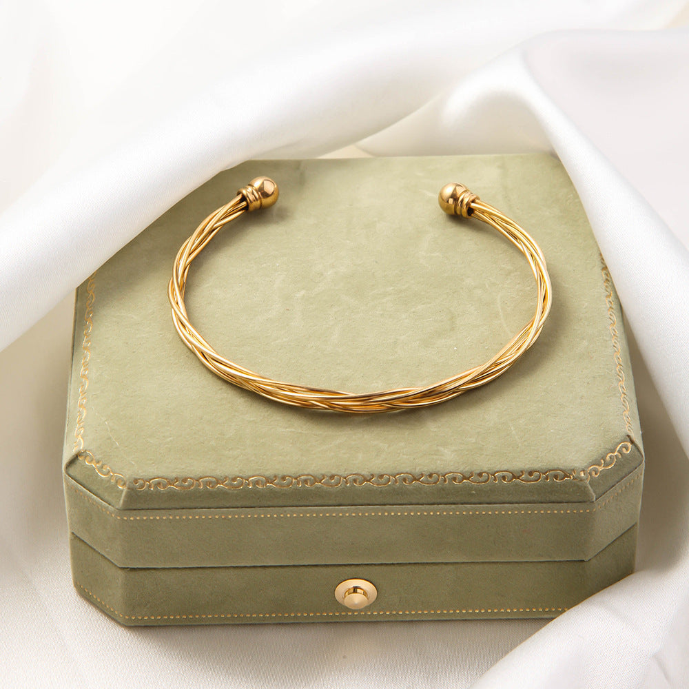 Stainless Steel Woven Bracelet Open Ended Fashion Bangle Electroplated Durable Round Design Accessory Steel And Gold