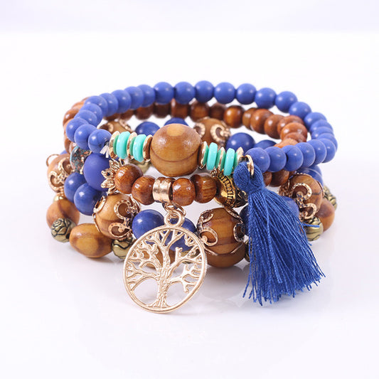 Womens Wooden Bead Bracelet Tassel Charm Rose Accent Blue