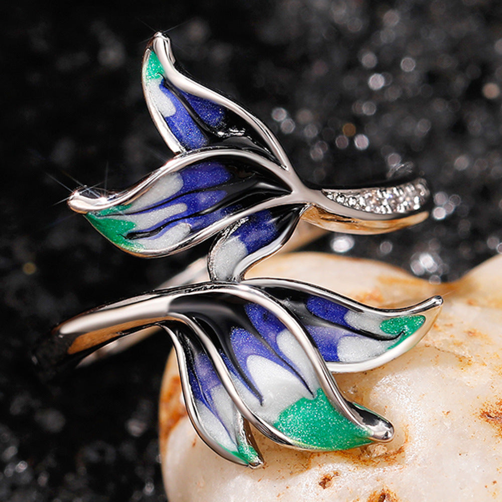 Blue Droplet Oil Copper Ring Ethnic Flower Design Fashion Jewelry Gift For Her Statement Accessory Elegant Gem