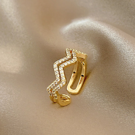 Adjustable Double Layer Wave Ring Gold Copper Curve Design For Women Trendy Korean Inspired Fashion Jewelry Accessory