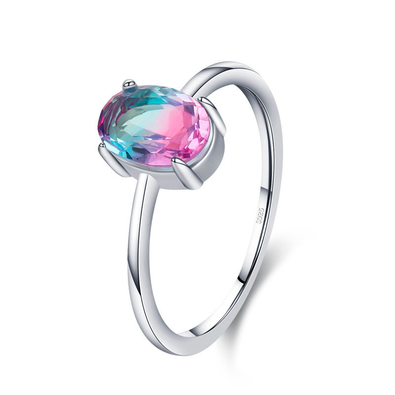 Womens Sterling Silver Ring Oval Imitation Watermelon Tourmaline Geometric Design Fashion Ring High End Silver