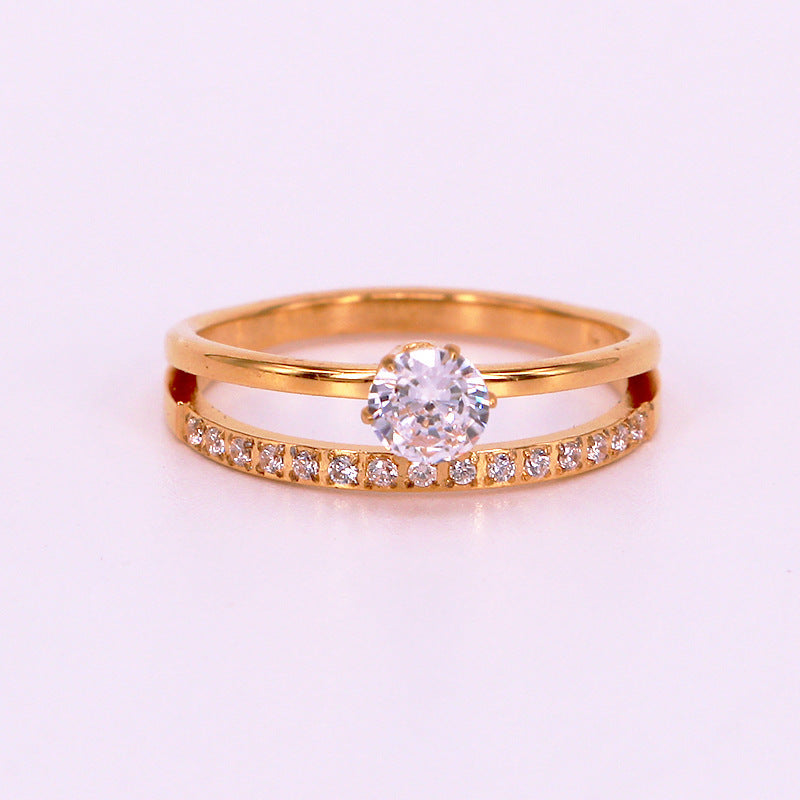 Womens Titanium Steel Ring Double Layer Zircon Inlaid Diamond Electroplated Elegant FashionJewelry Gift Durable