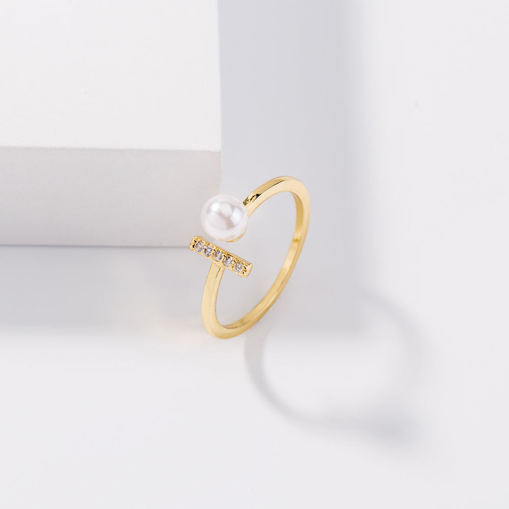 Adjustable Copper Ring Zircon T Shaped Gold Pearl Accent