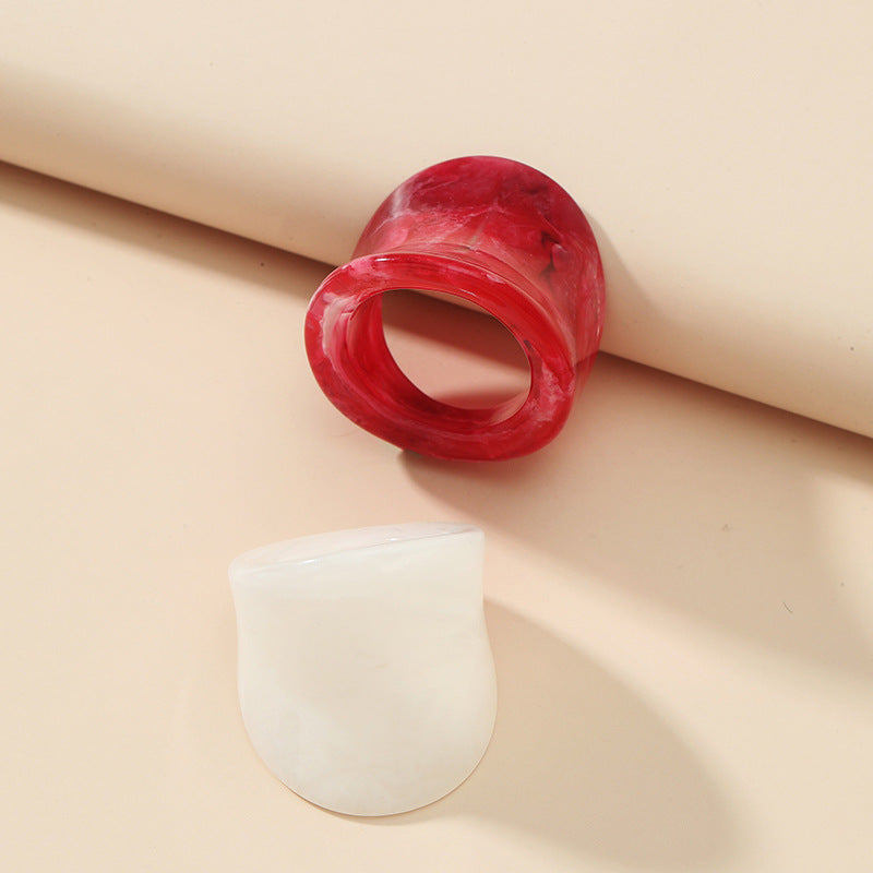 Unisex Acrylic Rings Set Of 2 Geometric Designs Alloy Inlaid Gems Fashion Jewelry Statement Ring Red And White