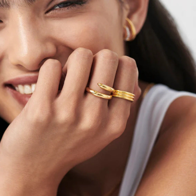 18K Gold Electroplated Titanium Steel Ring Diamond Insert Material Titanium Steel Female Style Gold Color Sizes 6 7 8